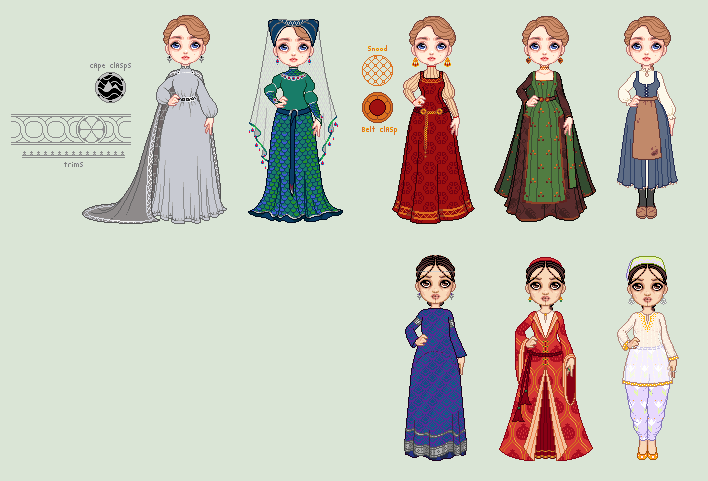 several pixel dolls, used as mannequins for costume designs rendered in flat colors: the first five are anachronistic medieval-ish fantasy designs for a white lady with brown hair (a grey one with cloak, a blue-green dragon one with hennin, a red and gold one, a green and brown autumnal one, and a simple peasant ensemble); the other three are anachronistic fantasy designs inspired by Islamic illuminated manuscripts, for a North African lady with braided hair and kohled eyes (an iridescent purple and royal blue one with silver trim, a red and peach one with pomegranate print, and a sheer-blouse-and-pant combo in pastel shades)